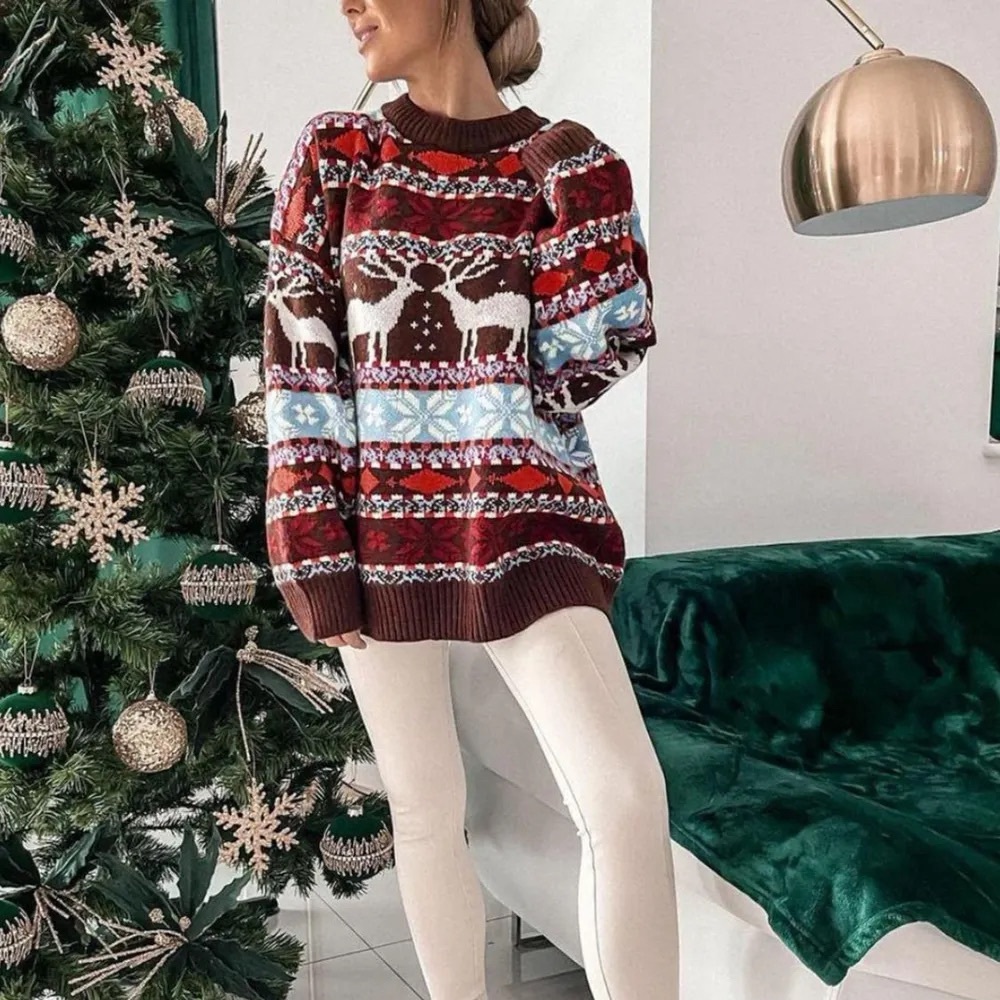 Geometric Round Neck Dropped Shoulder Sweater - Picture 2 of 11